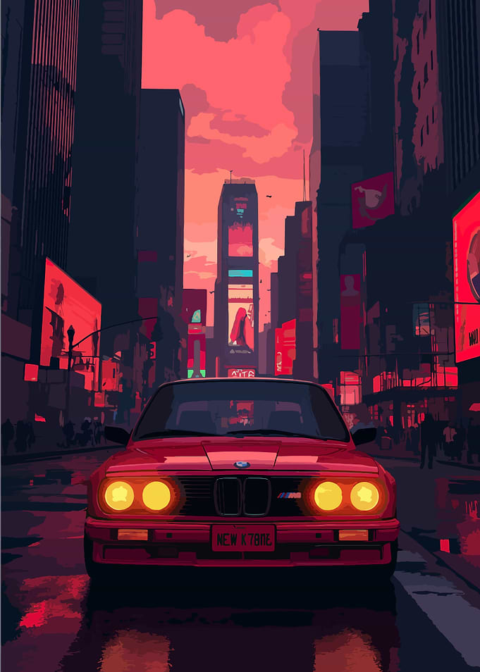 Red BMW in Cityscape
