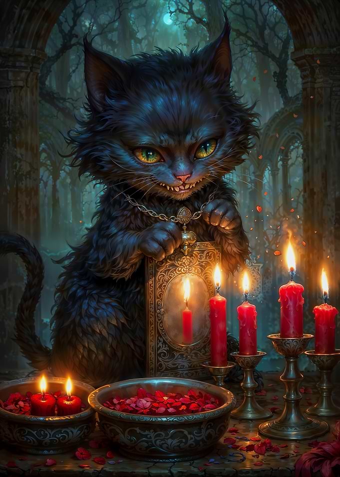 Witch Cheshire Cat with Red Candles