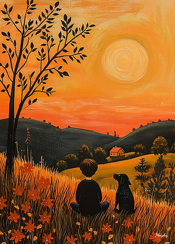 Golden Sunset Companions – Naïf Rural Serenity Art
