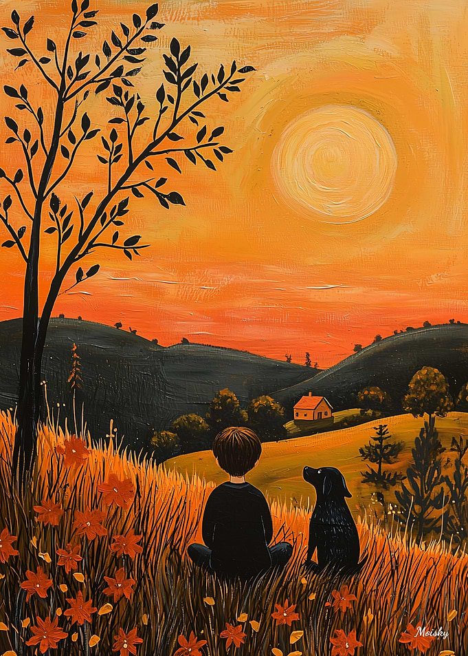 Golden Sunset Companions – Naïf Rural Serenity Art