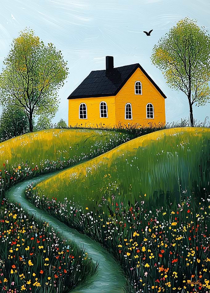 Golden Cottage Retreat – Naïf Cozy Countryside Art