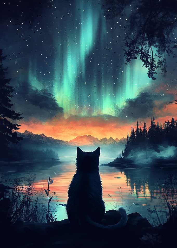 Cat Under Aurora Borealis Northern Lights
