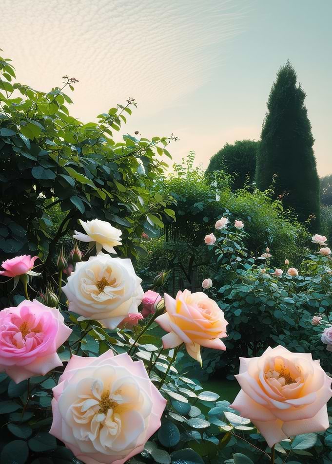 Pink and Peach Roses in Garden