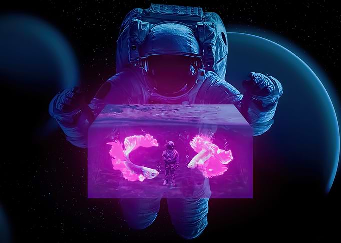 Astronaut Holding Fish Tank