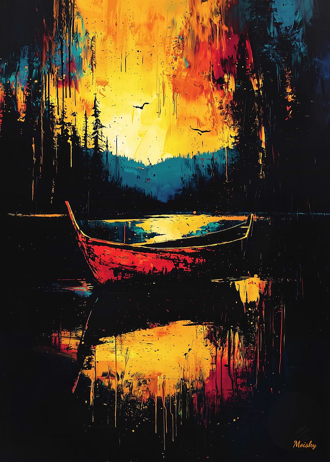 Drifting into Fire – Expressionist Abstract Boat Scene