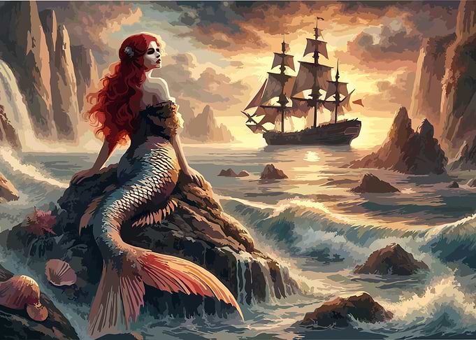 Mermaid and Ship at Sunset
