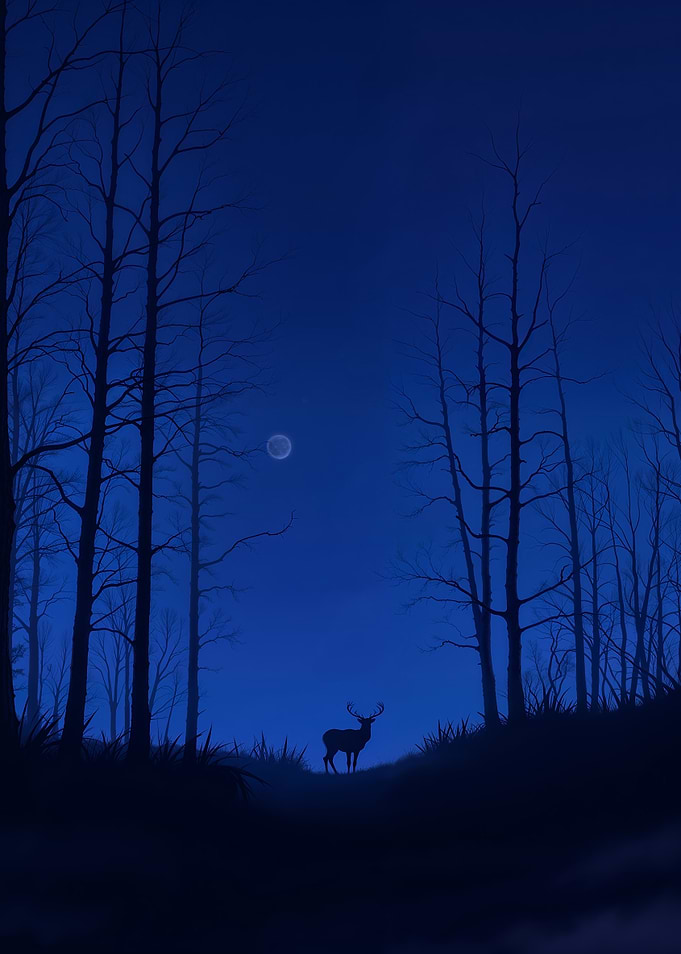 Mystical Moonlit Forest – Deer Silhouette Under the moonlight