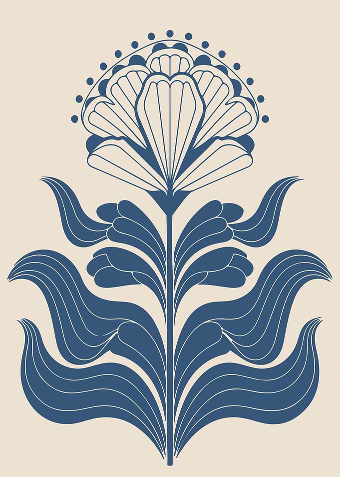 Monochromatic Blue Floral Folk Art Print