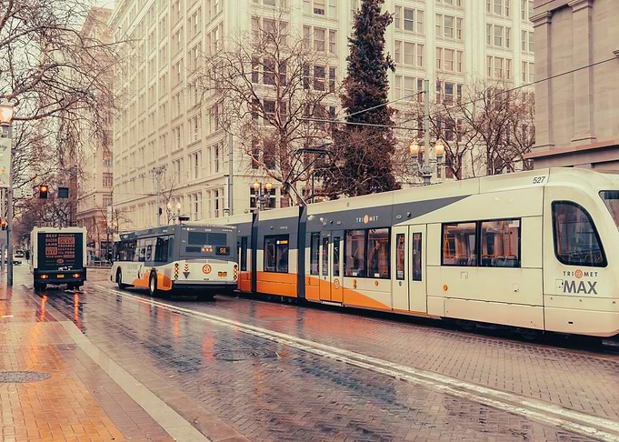 Tram and Bus in City
