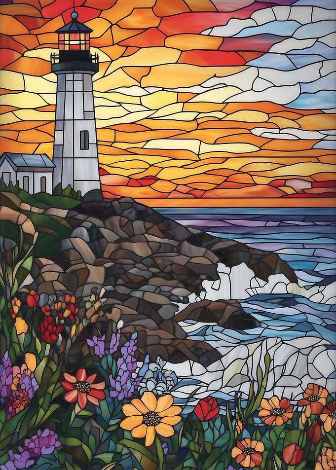 Stained Glass Lighthouse Sunset