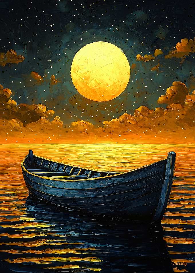 Moonlit Boat Journey – Naïf Dreamy Night Art