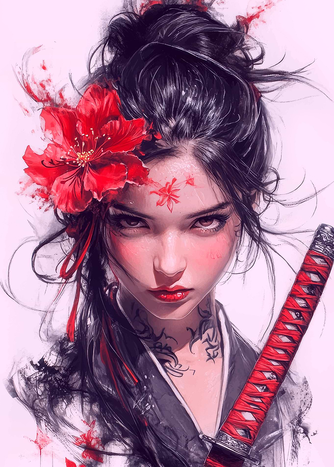 Samurai Woman with Red Flower