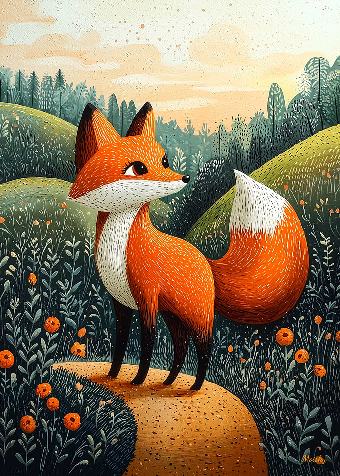 Curious Fox in the Meadow – Naïf Whimsical Wildlife Art