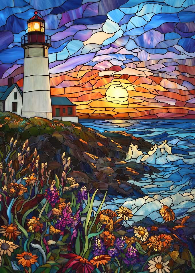 Stained Glass Lighthouse Sunset