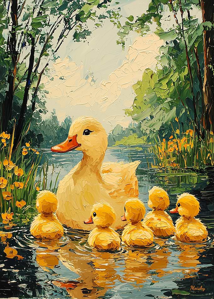 Golden Duck Family – Naïf Whimsical Pond Art
