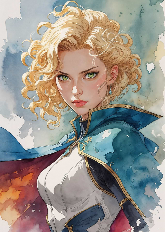 Blonde Woman in Blue Cape
