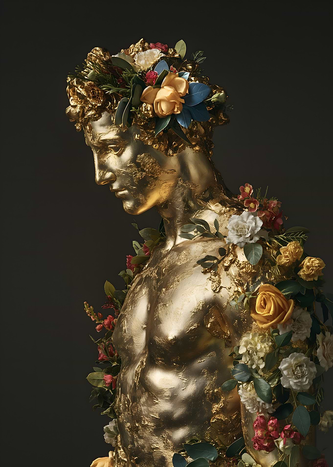 Golden Apollo Statue with Flowers