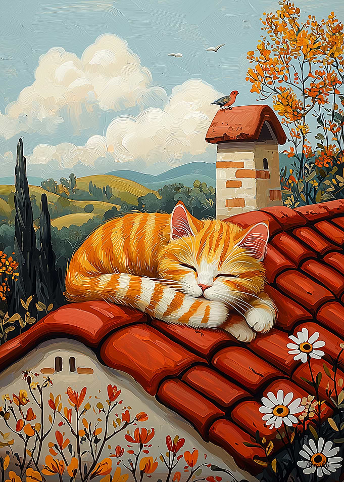 Lazy Rooftop Cat – Naïf Cozy Countryside Art