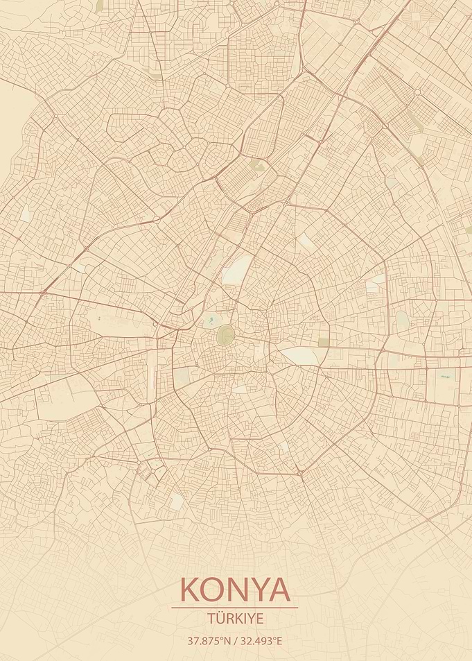 Konya Türkiye Vintage Style City Map