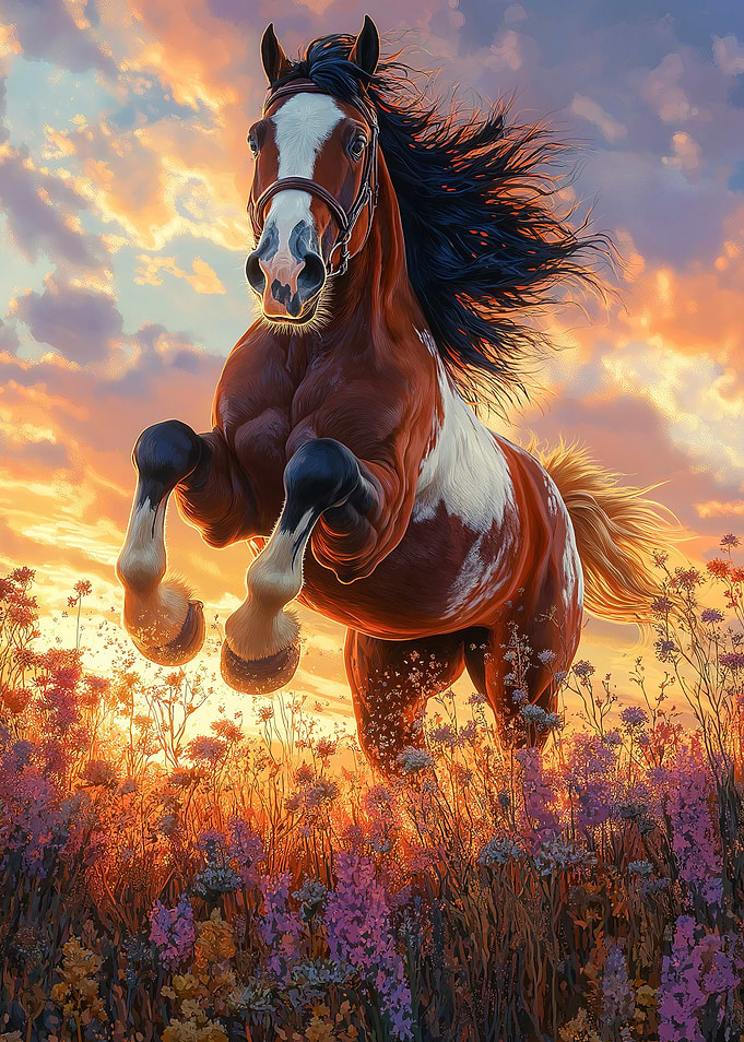 Horse Leaping at Sunset in Field of flowers