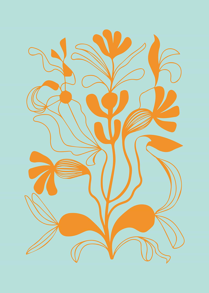 Orange Folk Floral on Light Aqua Blue