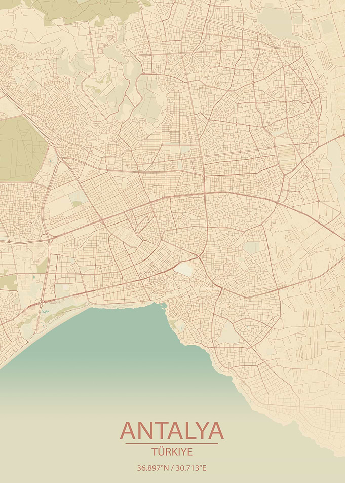 Antalya Türkiye Vintage Style City Map
