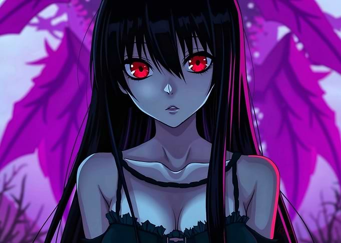 Anime Girl with Red Eyes and Dark Hairs
