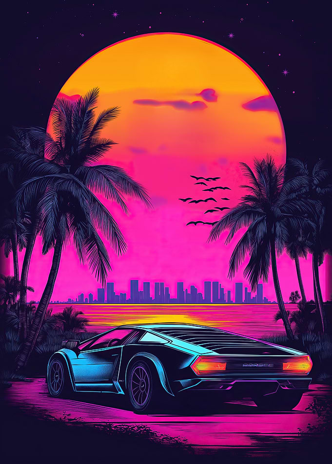 Retro Sunset with Sports Car