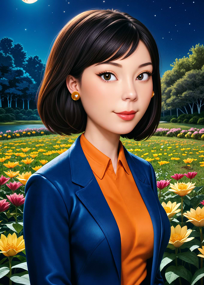 Asian Woman in Blue Suit and Garden