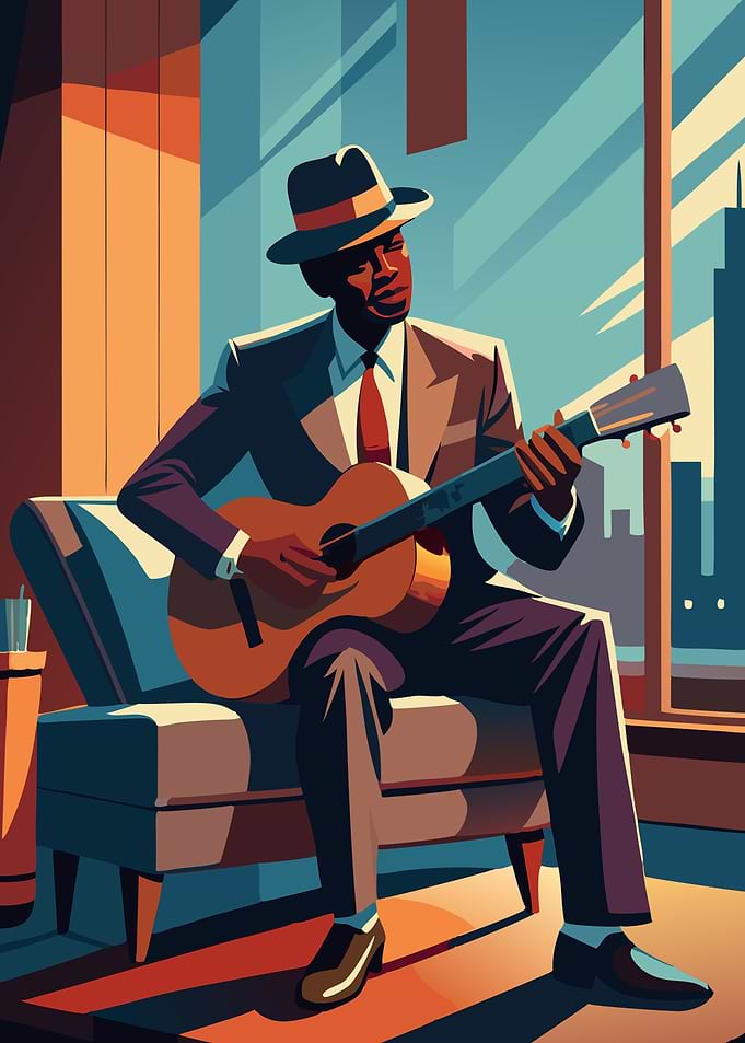 Jazz Guitarist in Cityscape