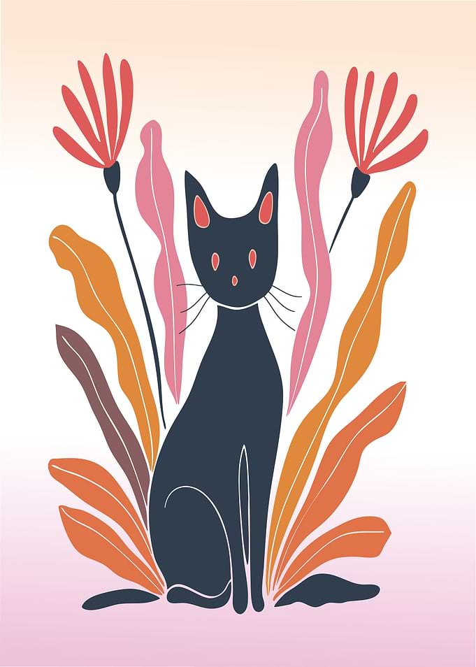 Black Cat in Floral Garden