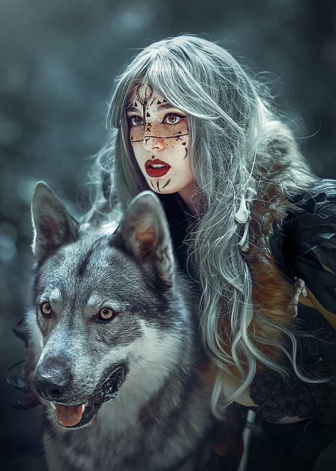 Wolf and Woman in Forest