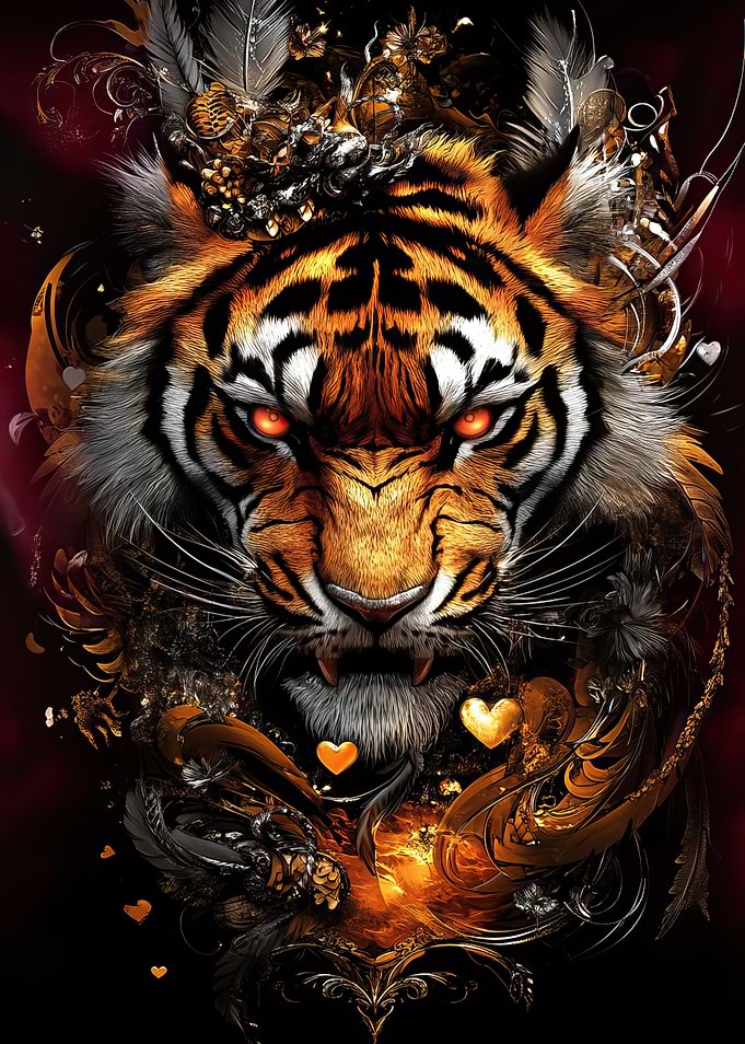 Fierce Tiger with Golden Hearts Portrait