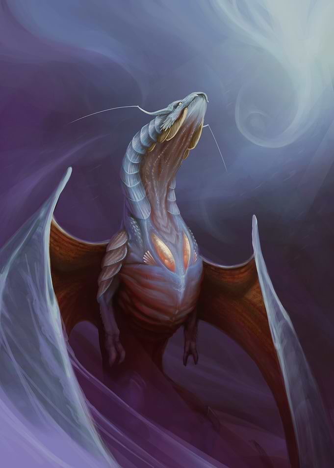 Majestic Dragon soaring through The Blue Mist