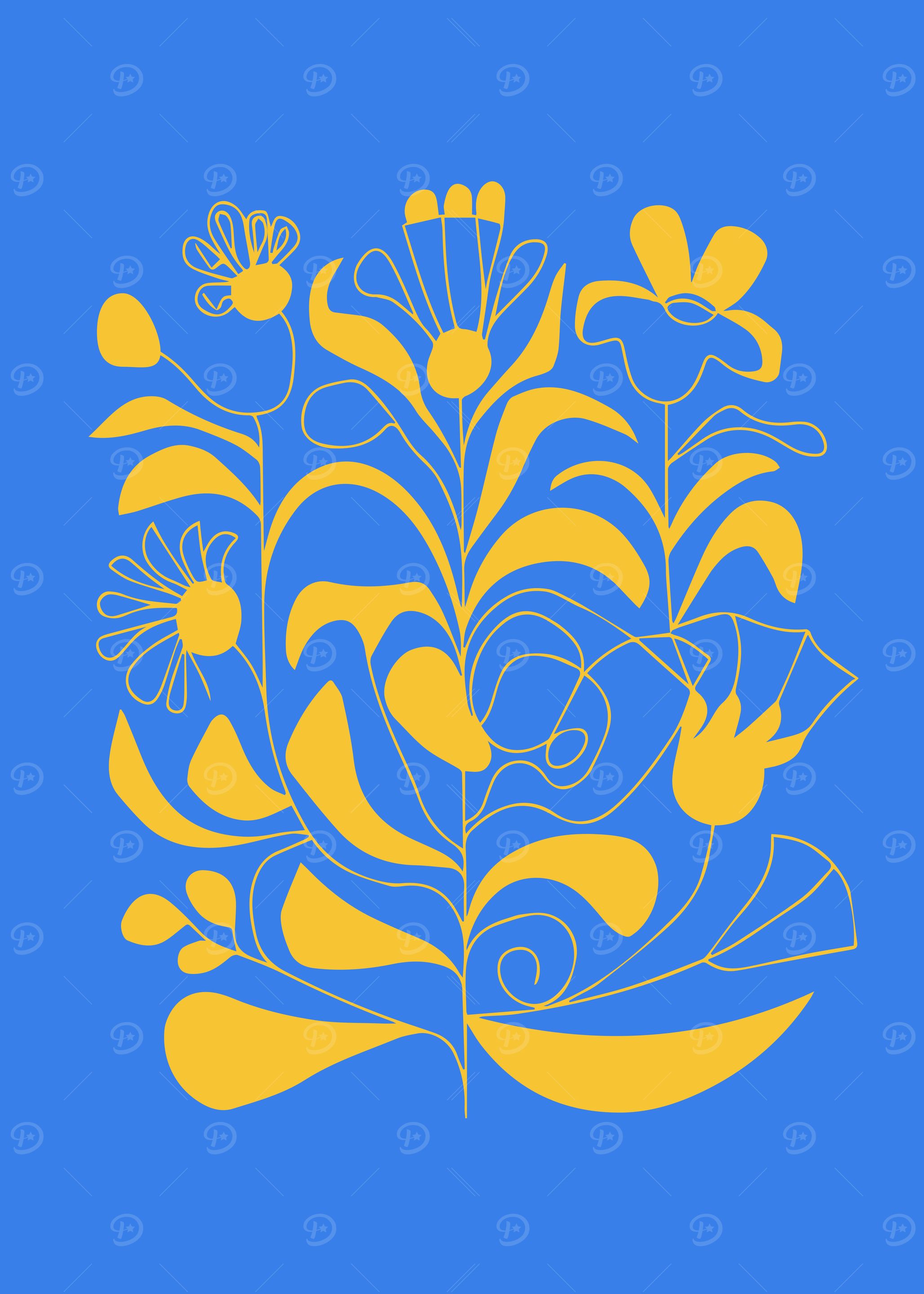 Vibrant Yellow Folk Floral on Blue