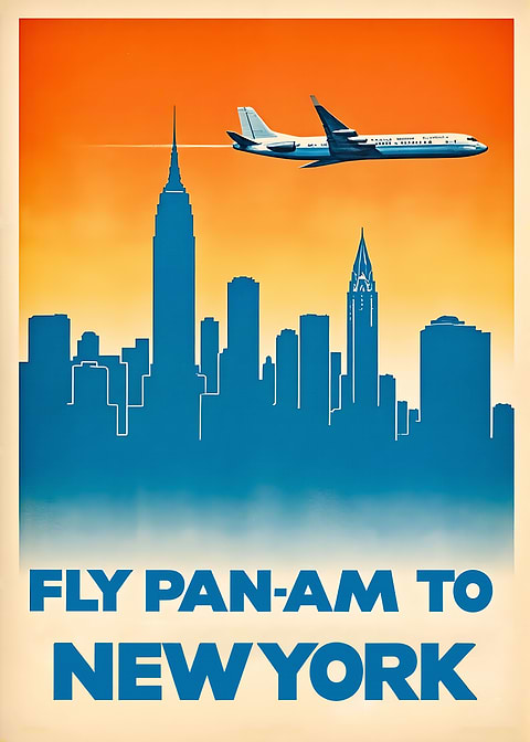 Fly Pan Am to New York — vintage travel poster on metal