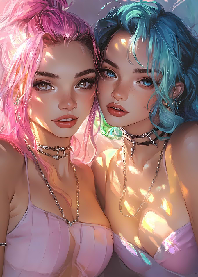Two Girls with Pink and Blue Hair