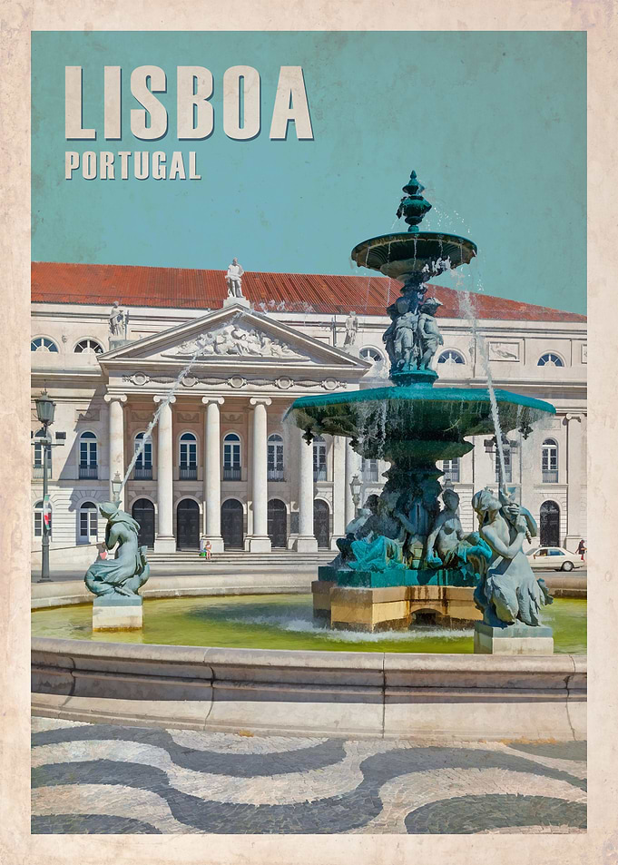 Lisbon, Portugal. Retro Vintage Travel Poster. Dona Maria II Theater and Fountain in Rossio Square.