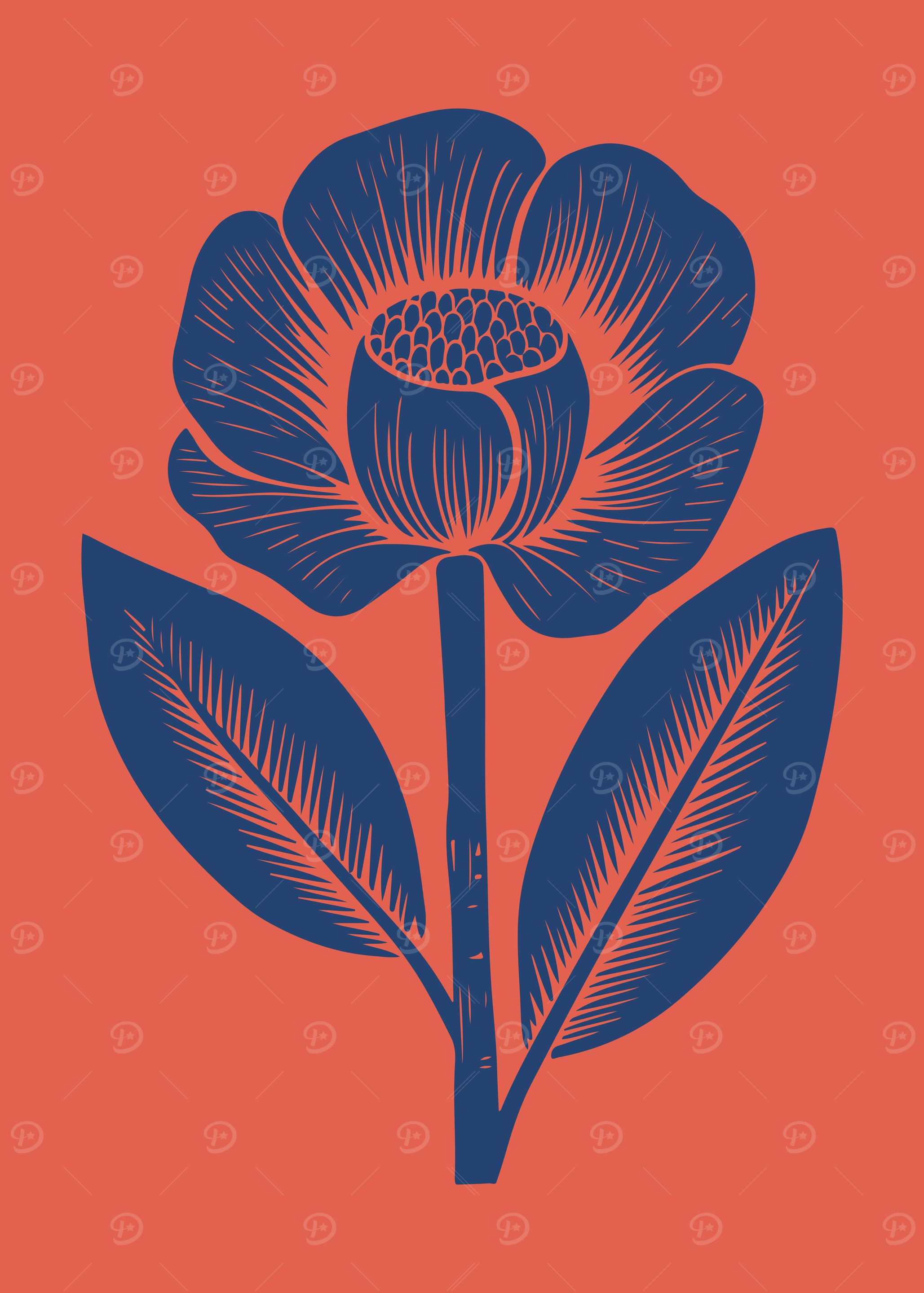 Vintage Botanical Flower in Red and Blue