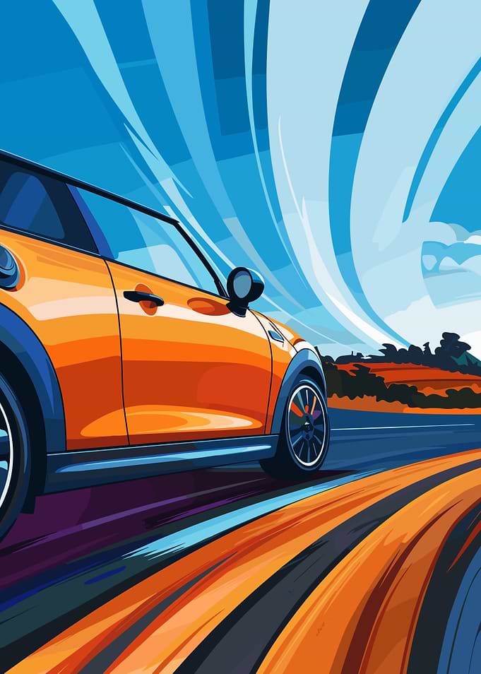 Orange Mini Cooper Speeding
