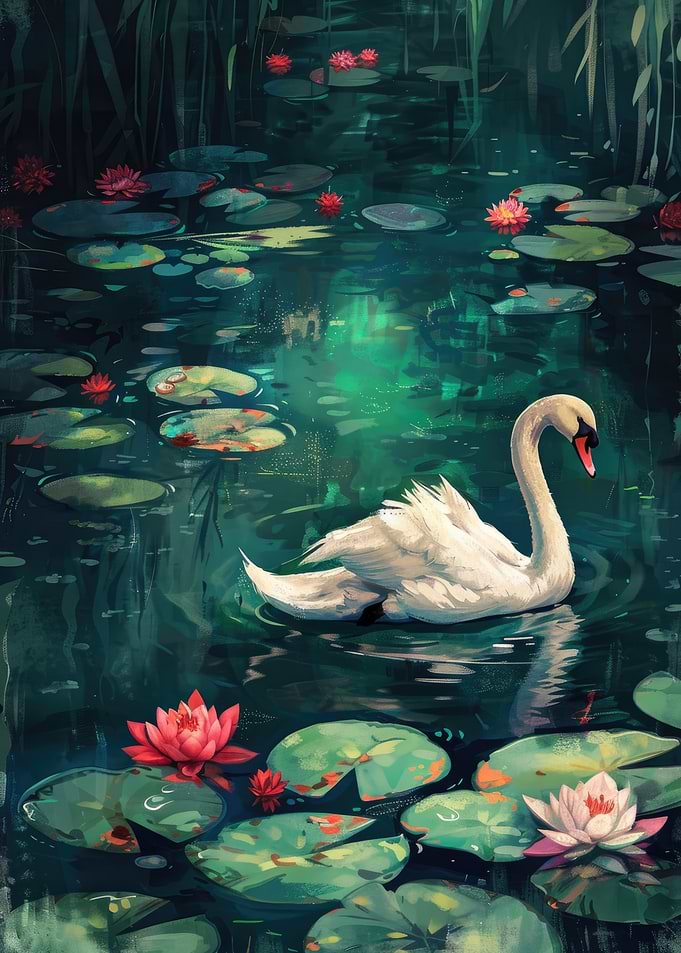 Swan in a Lily Pond