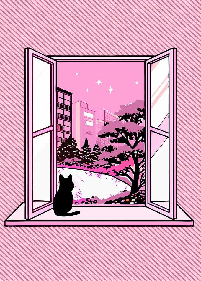 Dreamy Cat Window View – Aesthetic Pink Night Scene