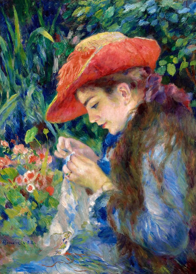 Woman in Red Hat Sewing
