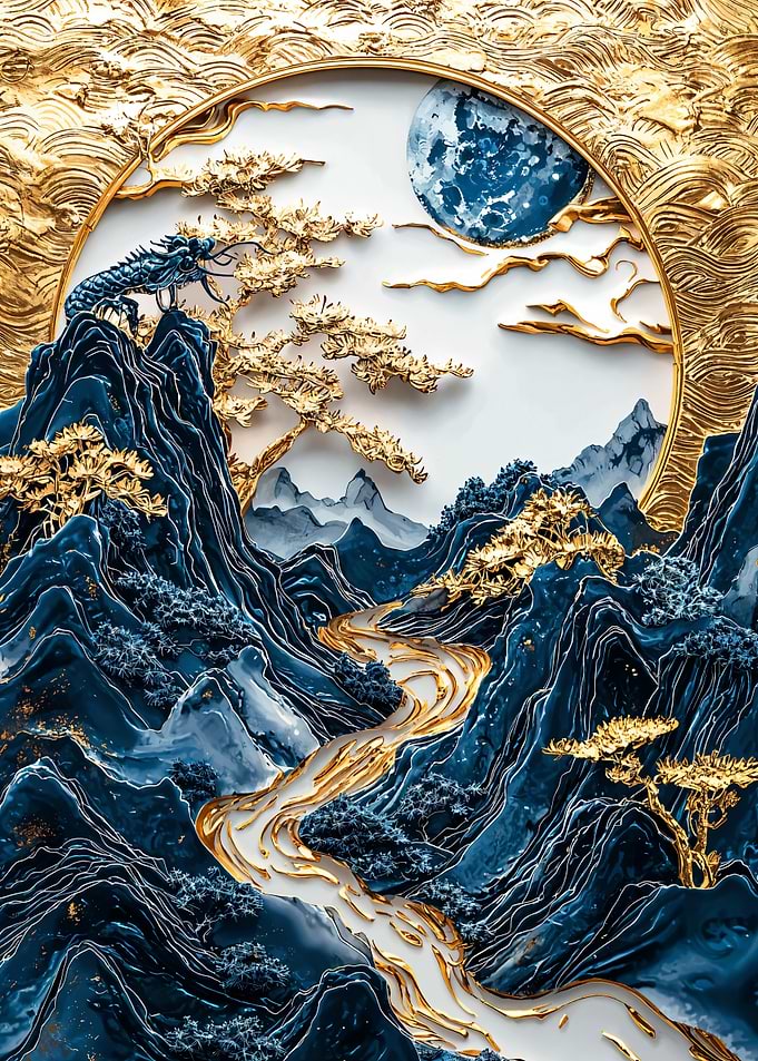 Gold & Blue Mountain Landscape