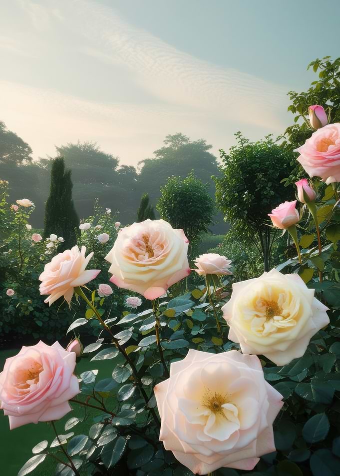Pink and White Roses in Garden