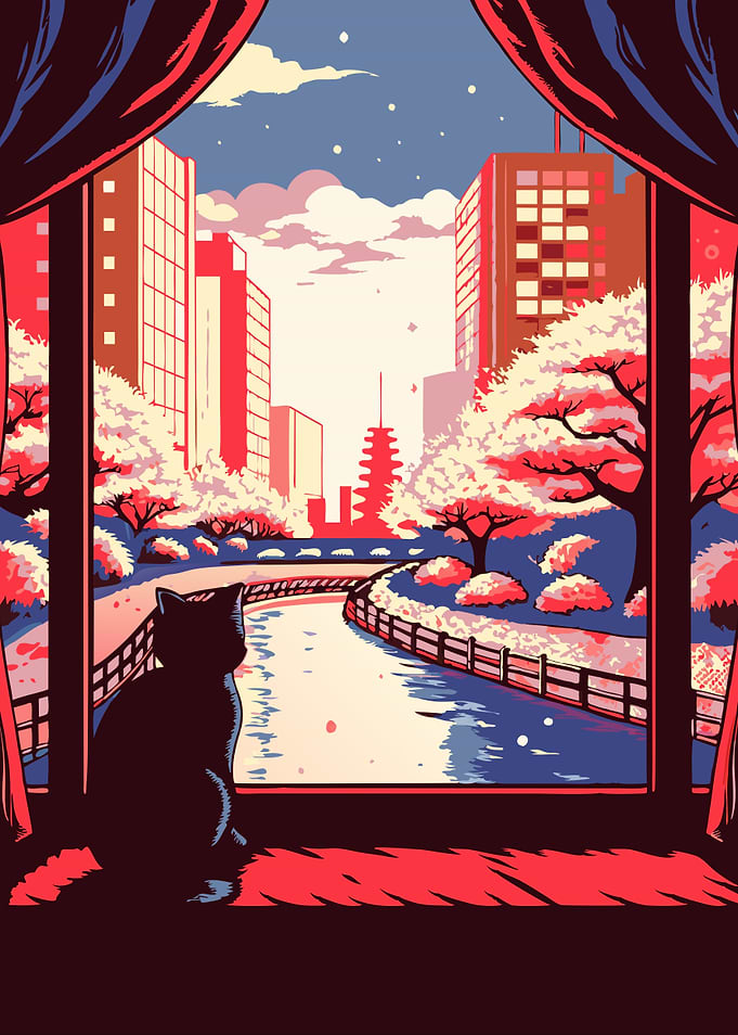 Golden Hour Reverie – Cat Watching a Sunset Cityscape