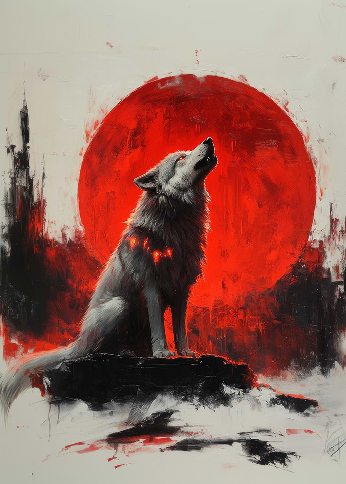 Wolf Howling at Red Moon