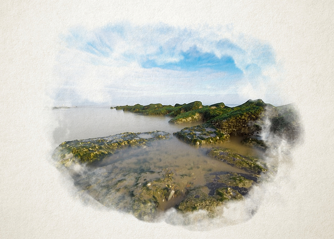 Scenic Coastal Rock Formation Under a Vibrant Cloudy Sky in watercolor
