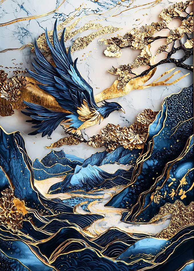 Gold & Blue Mountain Landscape