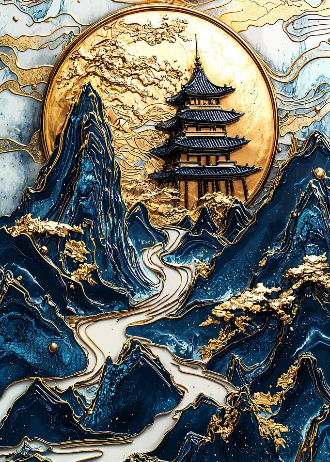 Gold & Blue Pagoda Landscape